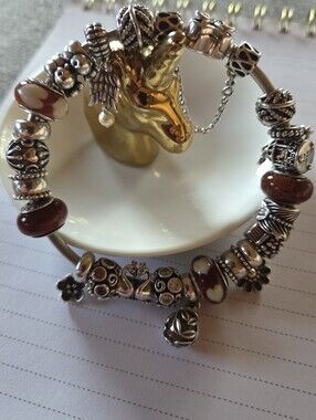 Pandora Silver-Tone Wood & Amber Heart Bird Charm Bracelet Size 7.9